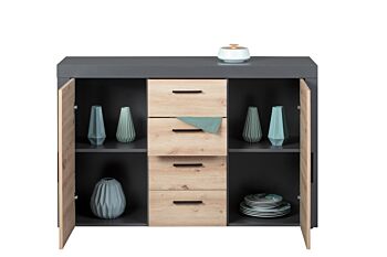 Credenza, madia 2 ante e 4 cassetti, colore quercia  con scocca grigio antracite