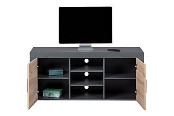Porta TV con 2 ante e 3 ripiani, colore  quercia con scocca grigio antracite
