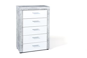 Settimino Moderno di Design, colore cemento e bianco lucido, composto da 5 cassetti