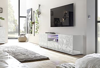 Sala moderna completa di porta tv e madia 3 ante, finitura bianca con serigrafia prismatica