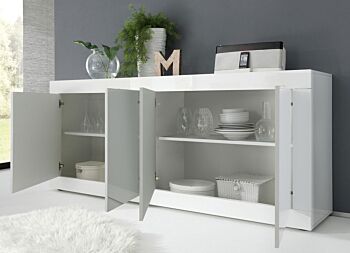 Madie, credenza moderna a 4 ante, Bianco Lucido e Beton