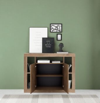 Soggiorno completo Made in Italy, finitura Mercure composto da madia 2 ante + 3 cassetti, tavolo allungabile e madia 2 ante 