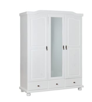 Armadio 2 ante, 4 ripiani + specchio, pino massello verniciato bianco