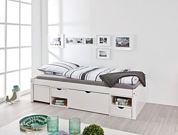 Ampio letto contenitore moderno e comodino con ruote in pino massello 