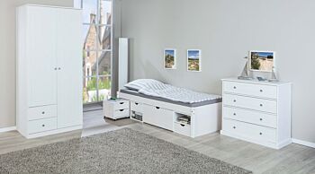 Ampio letto contenitore moderno e comodino con ruote in pino massello 