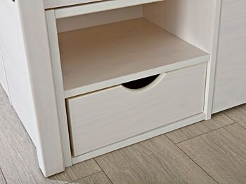 Letto per rete 140 x 200, in pino massello, verniciato bianco, con vani contenitore