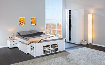 Letto per rete 140 x 200, in pino massello, verniciato bianco, con vani contenitore