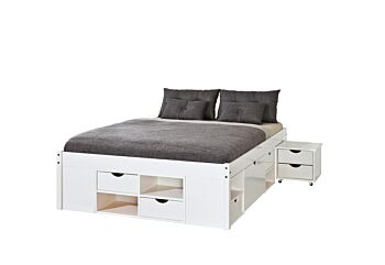 Letto in pino massello colore bianco con vani contenitore e comodino con ruote incluso