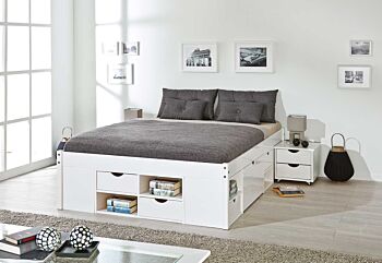 Pratico Letto in pino, 180 x 200, verniciato bianco, con vani contenitore e comodino incluso