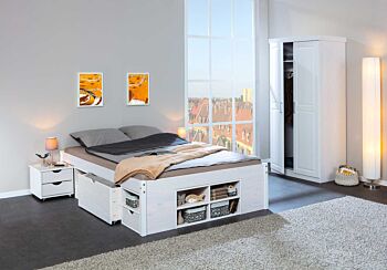 Pratico Letto in pino, 180 x 200, verniciato bianco, con vani contenitore e comodino incluso