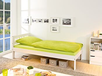 Letto in legno massello, laccato naturale, con aste colore argento