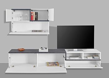 Mobile porta tv, parete attrezzata in finitura Bianco lucido e Ardesia