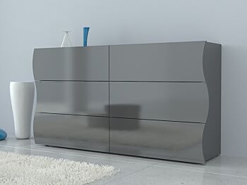 Comò 6 cassetti sagomati in finitura antracite laccato lucido, linea onda