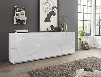 Madia moderna con particolari a 4 ante e 3 cassetti in finitura bianco lucido
