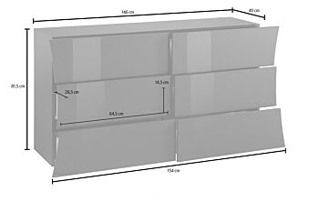 Comò 6 cassetti grande in finitura bianco laccato lucido, linea arco