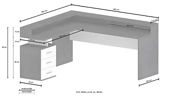 Scrivania angolare 3 cassetti, 180/160x90x60 h cm, Bianco laccato lucido