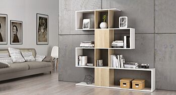 Libreria di design in legno color rovere e bianco opaco