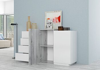 Conveniente Madia 2 ante e 4 cassetti, finitura Bianco lucido e Cemento