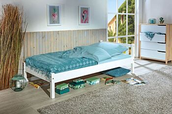 Letto in legno massello, con testata dogata, verniciato bianco