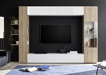 Parete soggiorno design soggiorno Zenzero  finitura bianco lucido e rovere Cadiz
