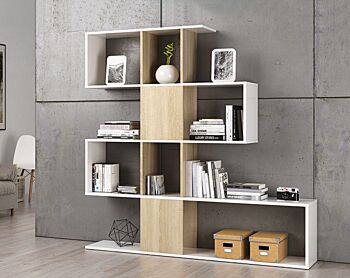 Libreria di design in legno color rovere e bianco opaco