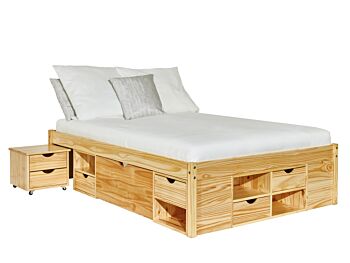 Ampio letto contenitore in pino disponibile 1 piazza e mezza o matrimoniale, con comodino