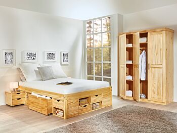 Ampio letto contenitore in pino disponibile 1 piazza e mezza o matrimoniale, con comodino
