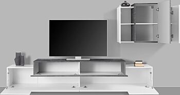 Porta Tv con pensile sospeso in finitura Bianco lucido e Ardesia 