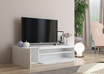 Base Porta TV moderna a 1 anta e 1 ribalta, finitura Bianco lucido 