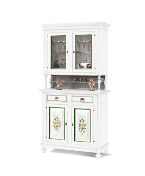 Cristalliera in legno finitura bianco con decori, 2 porte, 2 ante e 2 cassetti