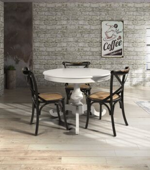 Tavolo rotondo allungabile in legno, bianco opaco, stile industry