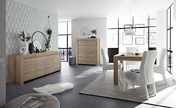 Sala di design composta da Madia alta, Madia 4 ante e Tavolo allungabile, finitura Rovere Cadiz