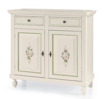 Credenza in legno, bianco lucido con decori, arte povera - cm 104x98