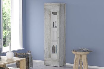 Colonna / Vetrina con 1 anta e ripiani in vetro in finitura Cemento