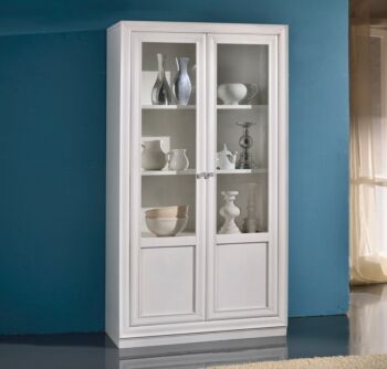 Vetrina in legno finitura bianco patinato, a 2 porte 100x45x185