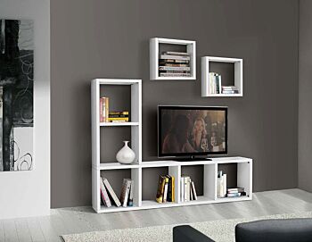Porta Tv Moderno di Design, a quadrati, in Legno Bianco Frassinato