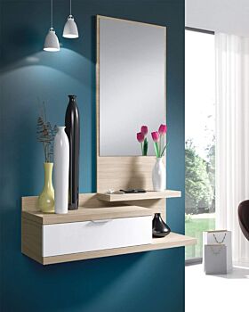 Mobili da ingresso con specchio e cassetto bianco lucido e rovere chiaro