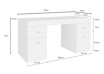 Scrivania 2 ante e 2 cassetti bianco larice e bianco lucido, made in Italy