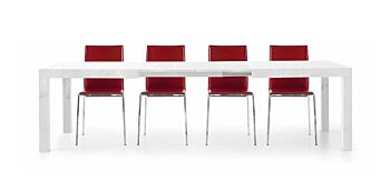 Tavolo di design allungabile in legno, finitura bianco frassinato, apertura con binario