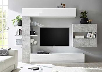 Soggiorno Zenzero parete attrezzata moderna con pensili Bianco Laccato Lucido e Beton