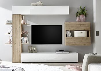 Parete attrezzata soggiorno moderna soggiorno con libreria Bianco Laccato Lucido e Rovere Cadiz