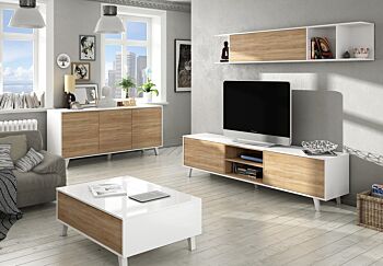 Composizione Alfa, con porta TV, Madia e tavolino, Bianco Lucido e Rovere