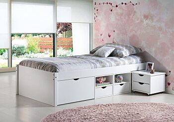 Ampio letto contenitore moderno e comodino con ruote in pino massello 