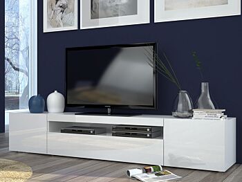 Base Porta TV moderna a 2 ante e 1 ribalta, finitura bianco lucido
