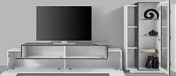 Soggiorno moderno con vetrina e porta tv in finitura Bianco lucido e Ardesia