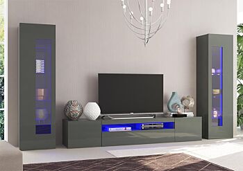 Soggiorno con 2 vetrine e una base porta Tv in finitura Antracite lucido 