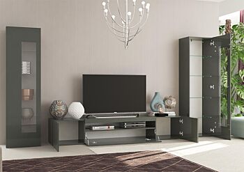 Soggiorno con 2 vetrine e una base porta Tv in finitura Antracite lucido 