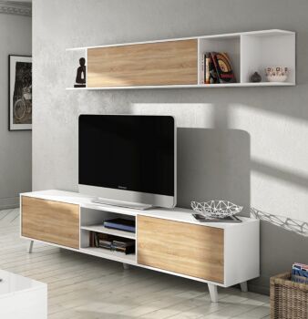 Parete attrezzata Alfa, con porta TV e mensola, finitura Bianco Lucido e Rovere Canadian
