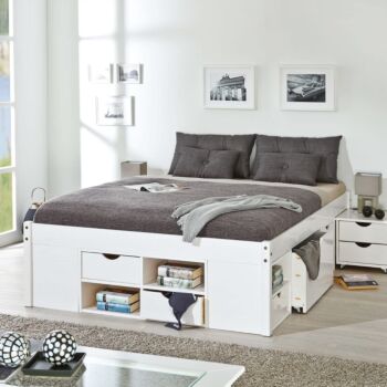Letto in pino massello colore bianco con vani contenitore e comodino con ruote incluso