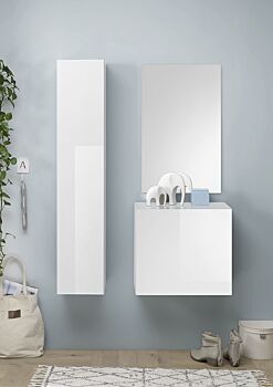 Mobile da ingresso con specchio e colonna, finitura bianco laccato lucido